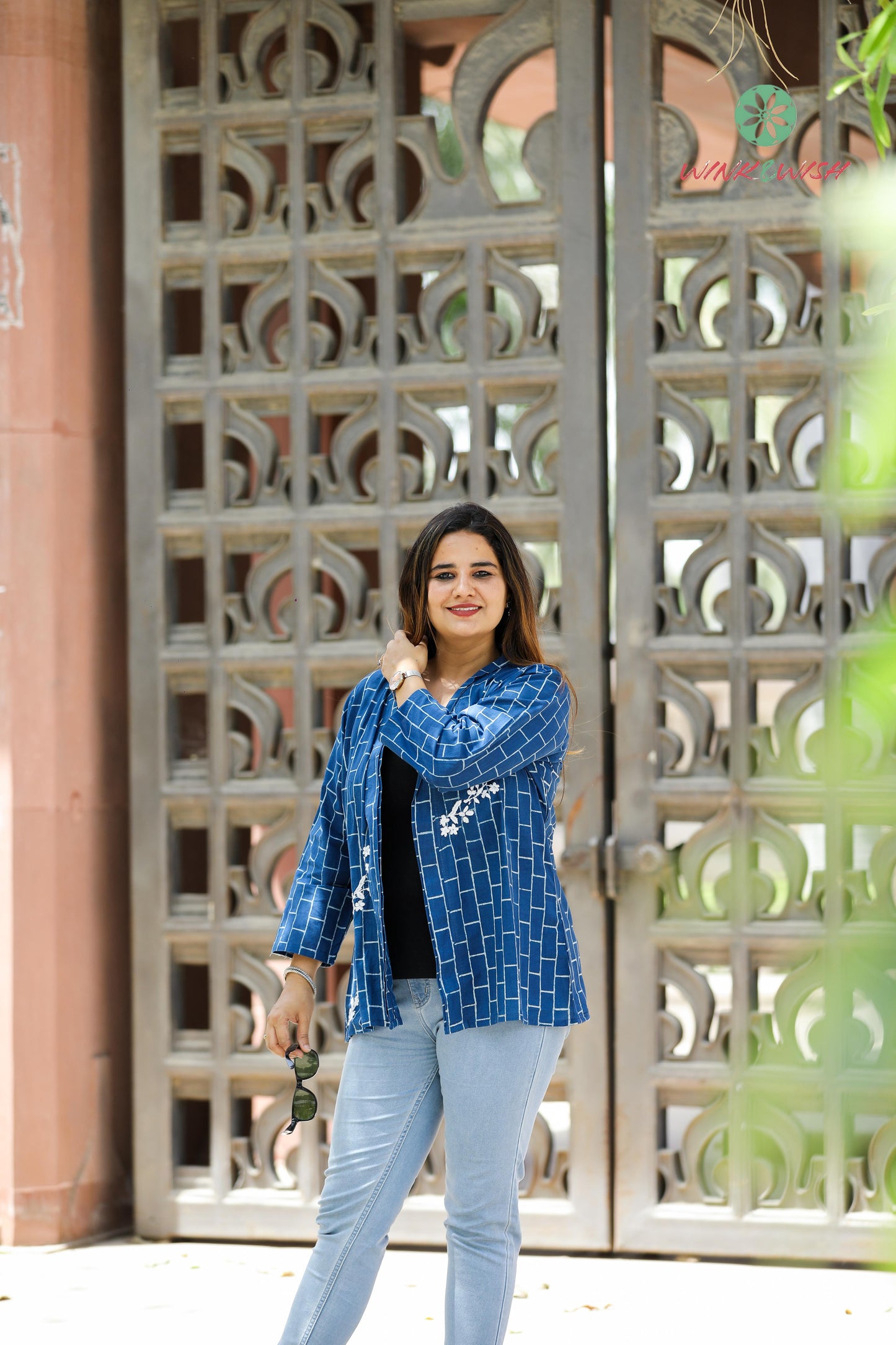 'Indigo Trellis' Cotton Indigo Shrug with Chikankari detailing