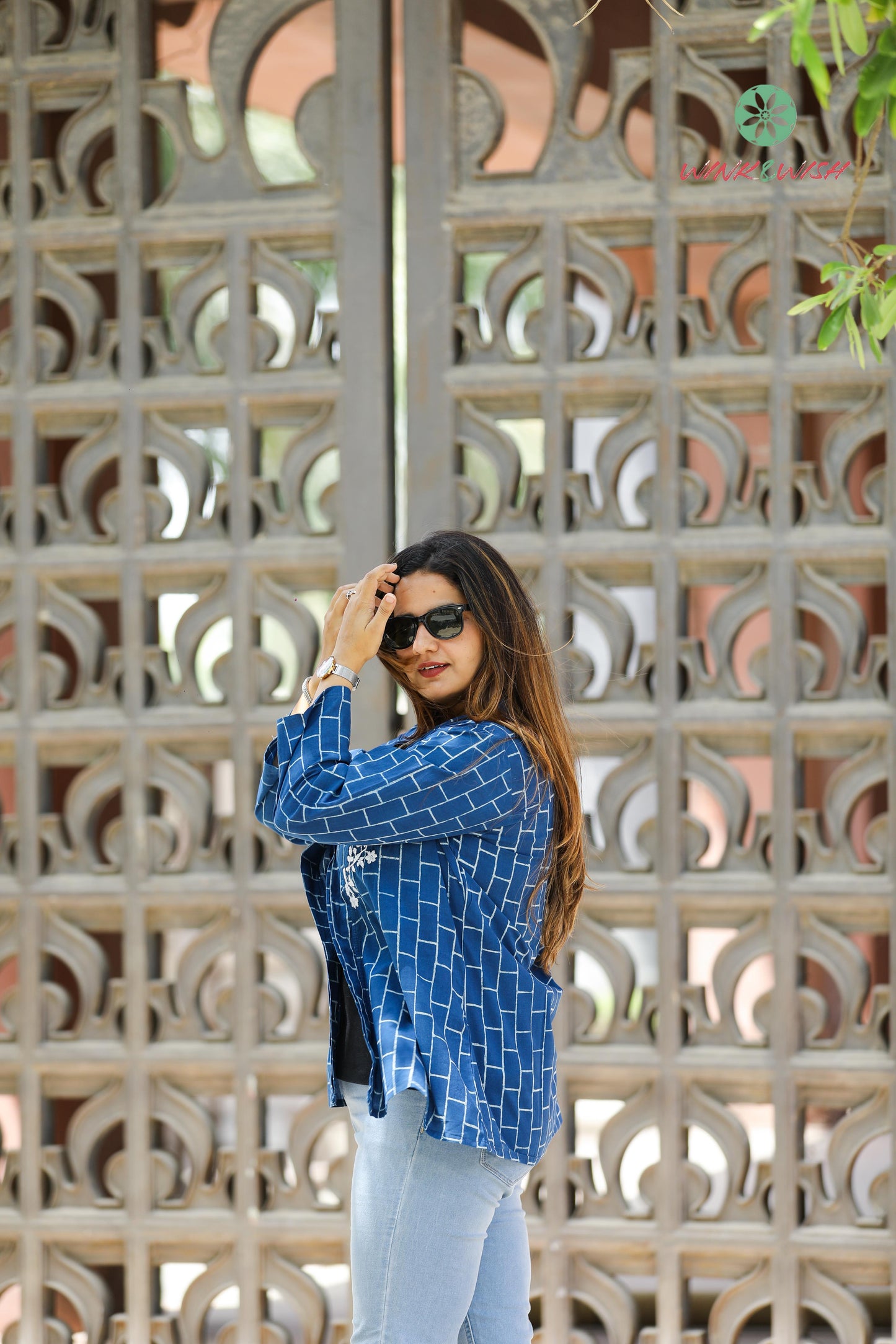 'Indigo Trellis' Cotton Indigo Shrug with Chikankari detailing