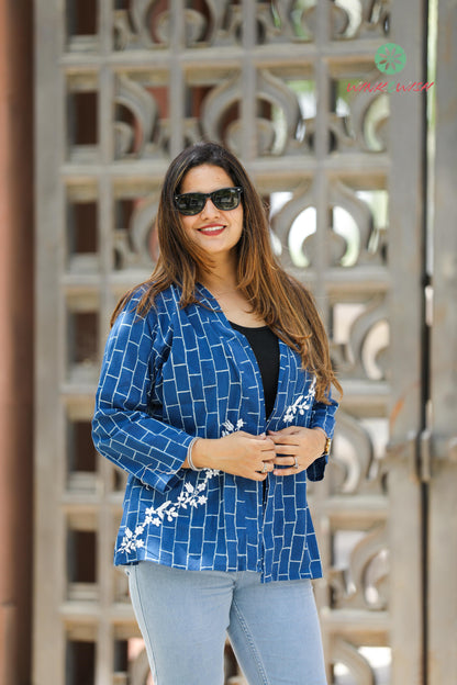 'Indigo Trellis' Cotton Indigo Shrug with Chikankari detailing