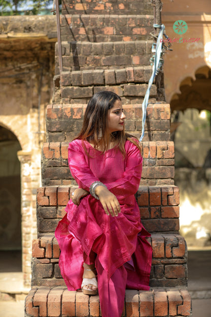 'Mystic Wine' Festive Chanderi Chikankari Kurti Pant Set