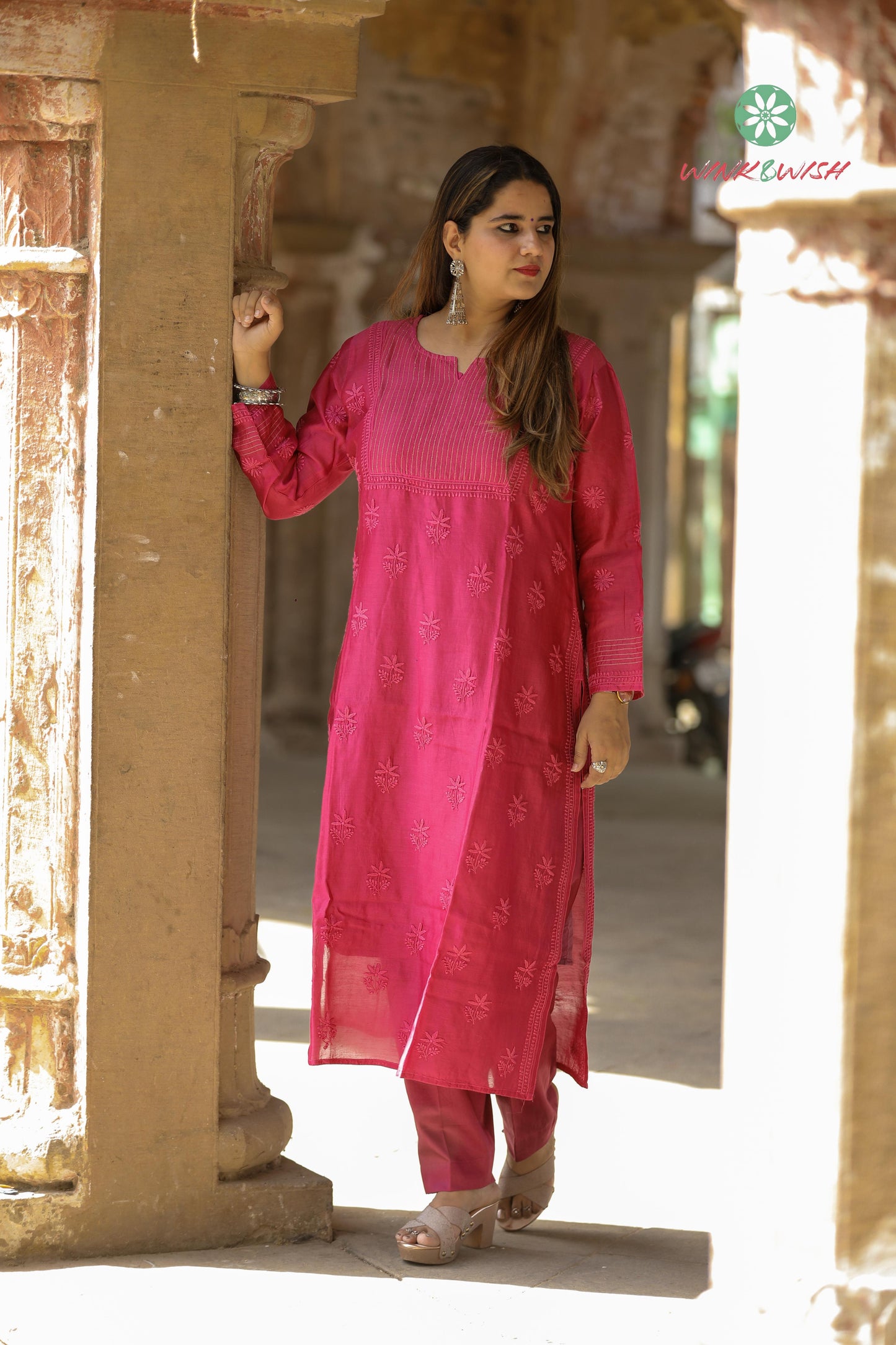 'Mystic Wine' Festive Chanderi Chikankari Kurti Pant Set