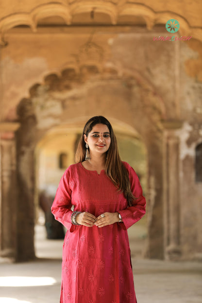 'Mystic Wine' Festive Chanderi Chikankari Kurti Pant Set