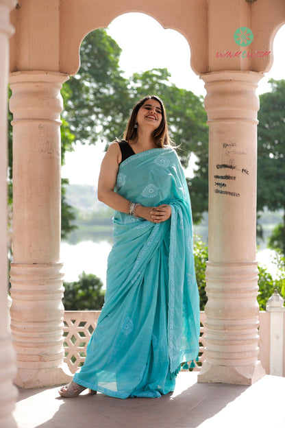 'The Dream catcher'  Teal Mulmul Cotton Chikankari Saree