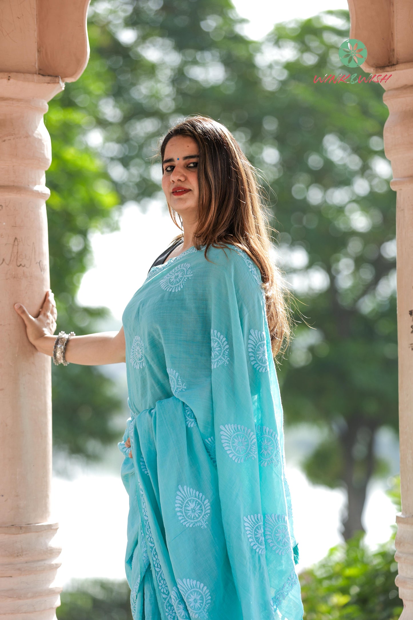 'The Dream catcher'  Teal Mulmul Cotton Chikankari Saree