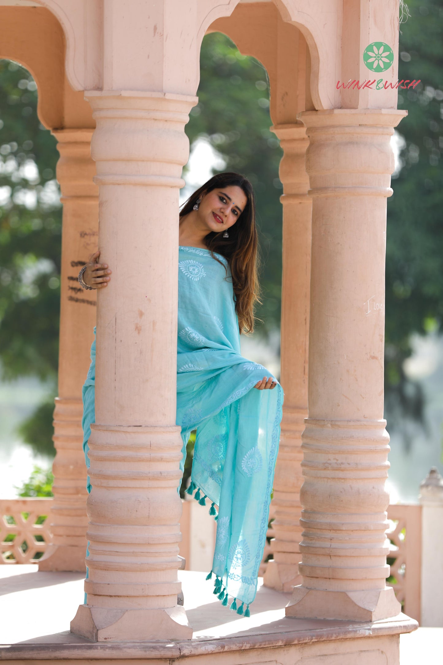 'The Dream catcher'  Teal Mulmul Cotton Chikankari Saree