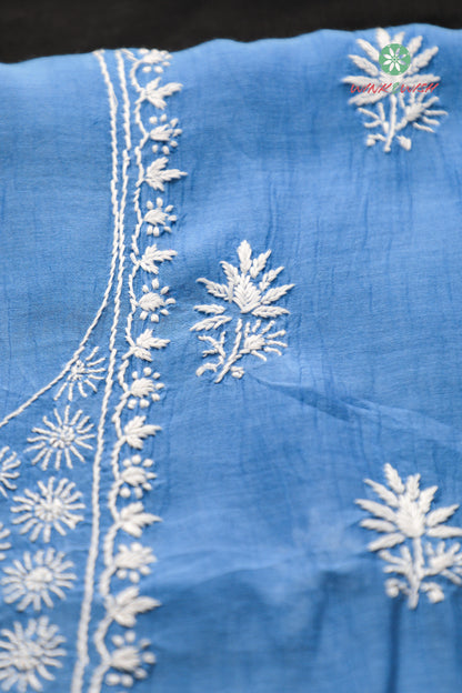 Indigo Mulmul Chanderi Unstitched Chikankari Kurta-Dupatta Set