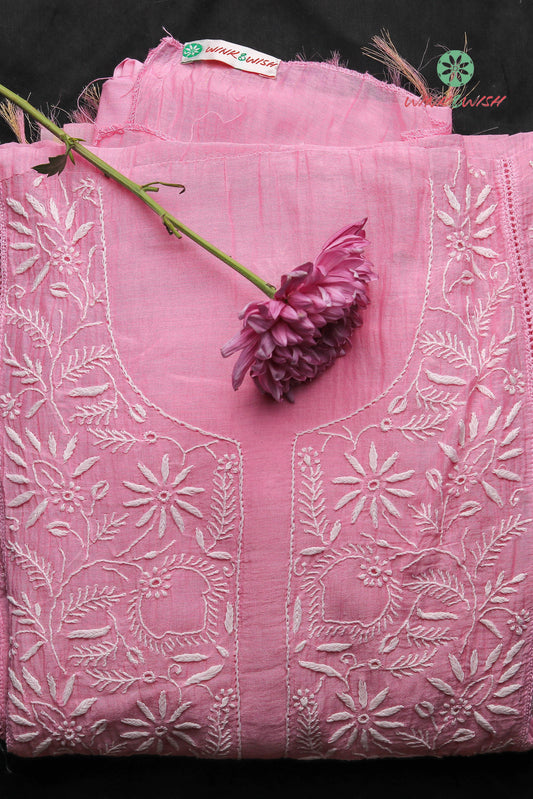 Pink Mulmul Chanderi Fine embroidery Unstitched Chikankari Suit Set