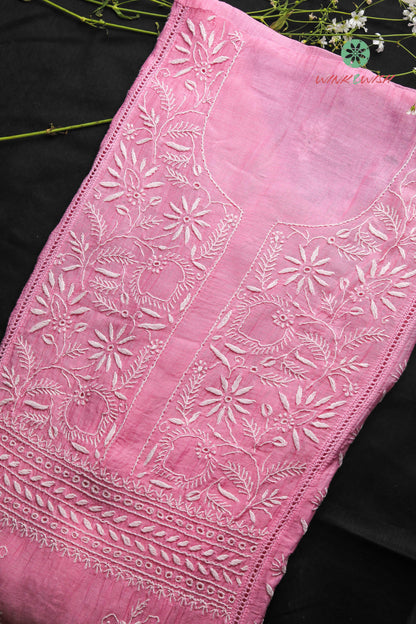 Pink Mulmul Chanderi 2-Taar Unstitched Chikankari Suit Set