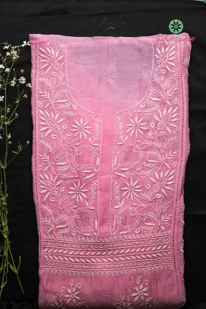 Pink Mulmul Chanderi 2-Taar Unstitched Chikankari Suit Set