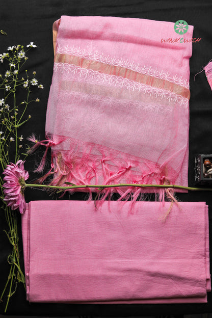 Pink Mulmul Chanderi 2-Taar Unstitched Chikankari Suit Set