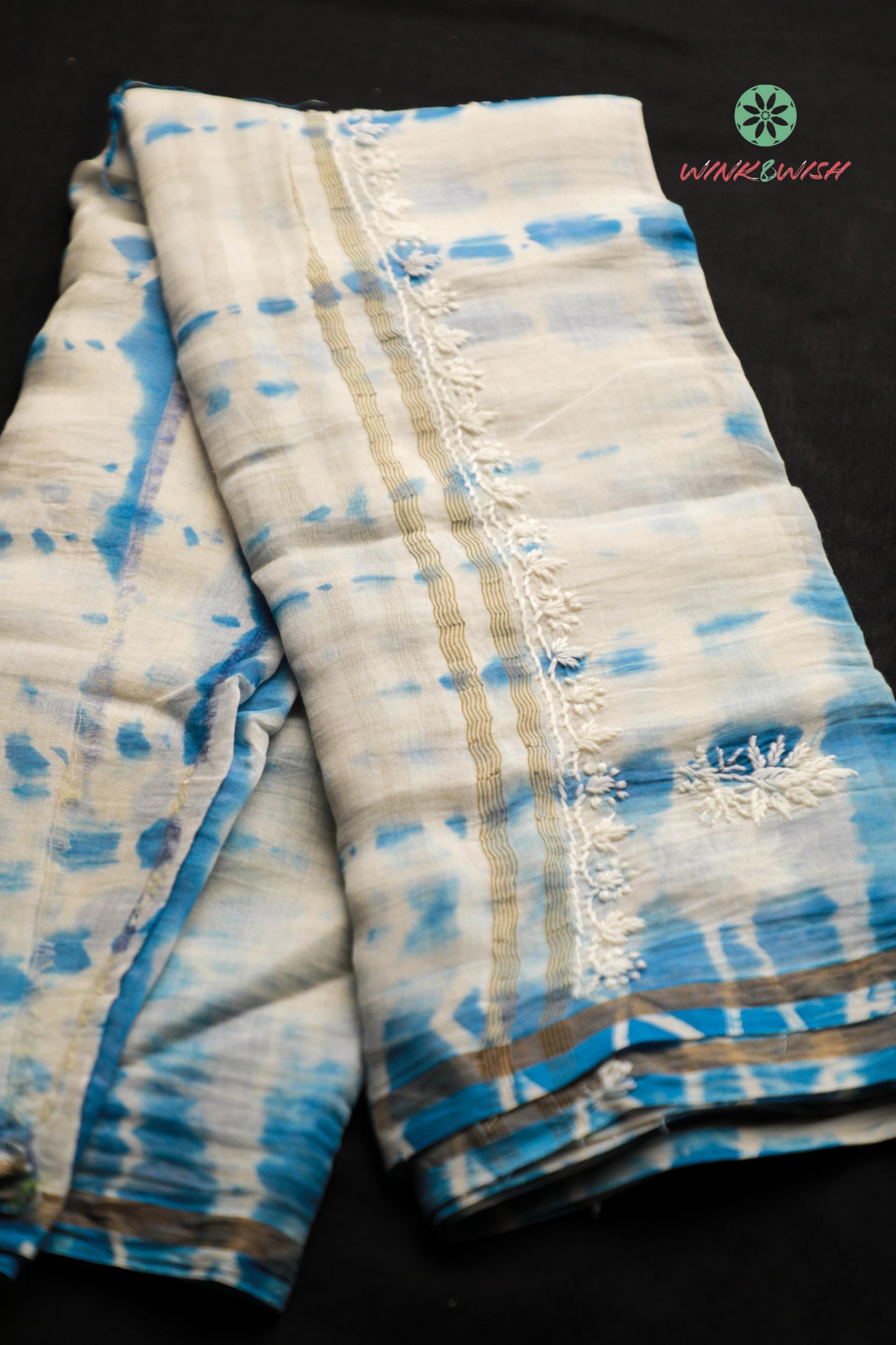 Indigo Mulmul Chanderi Unstitched Chikankari Kurta-Dupatta Set