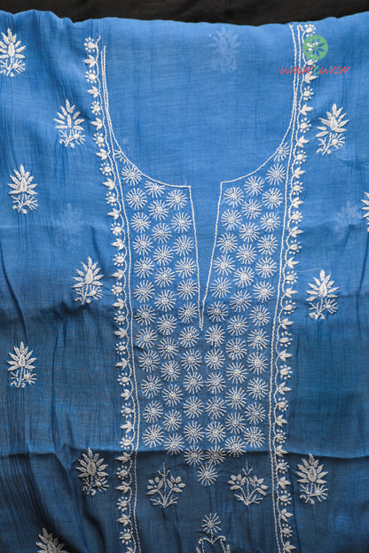 Indigo Mulmul Chanderi Unstitched Chikankari Kurta-Dupatta Set