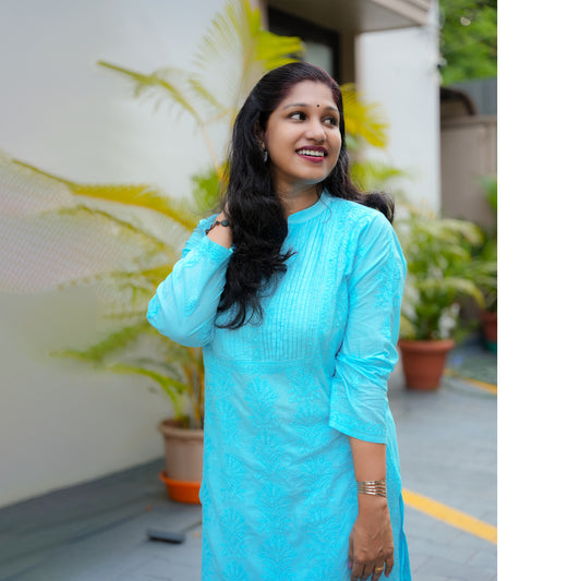 'A Summer Sky' Pleated Band Neck Blue Mul Cotton Chikankari Long Kurti
