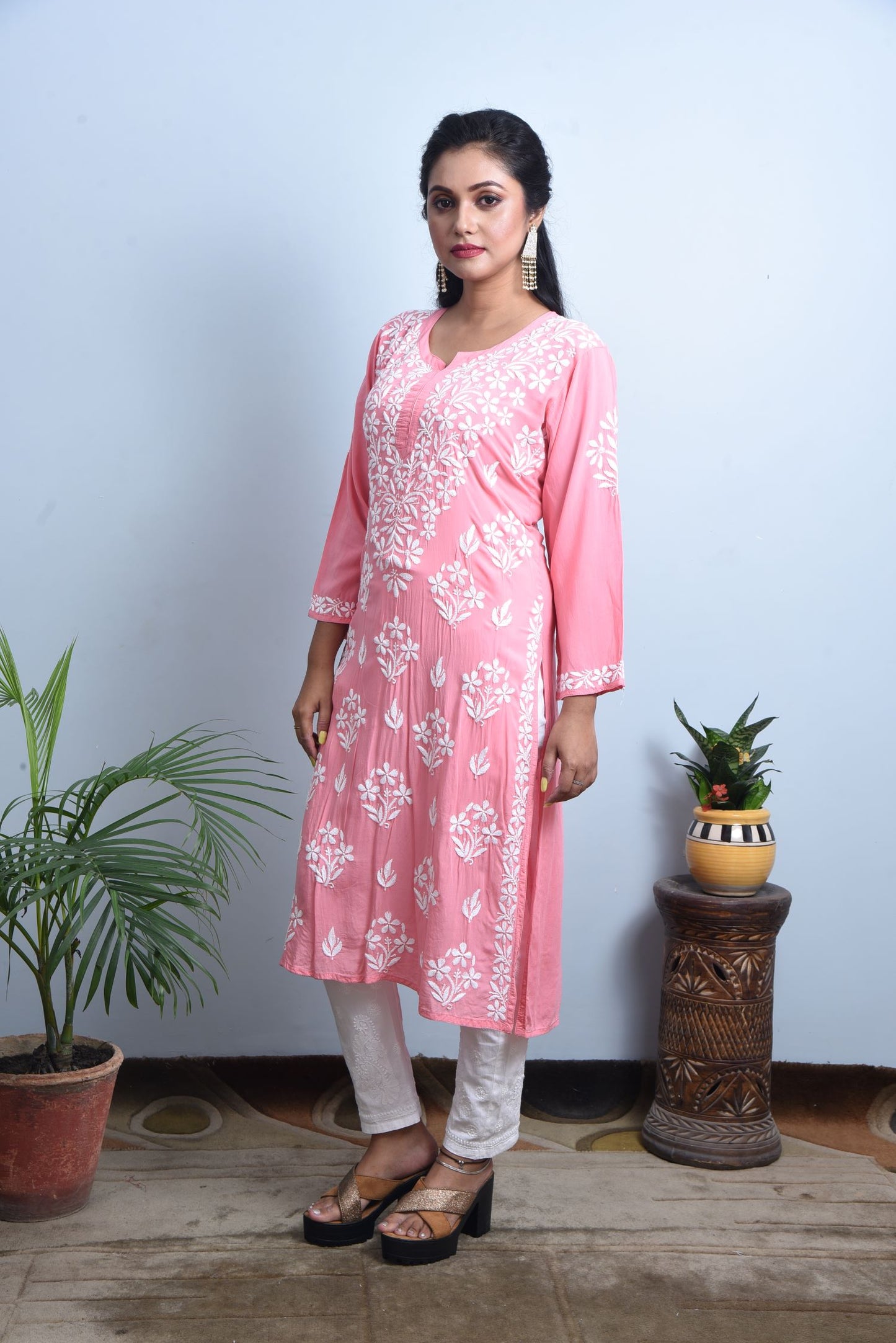'WAW Basics' Candy Pink Modal Cotton Chikankari Kurti