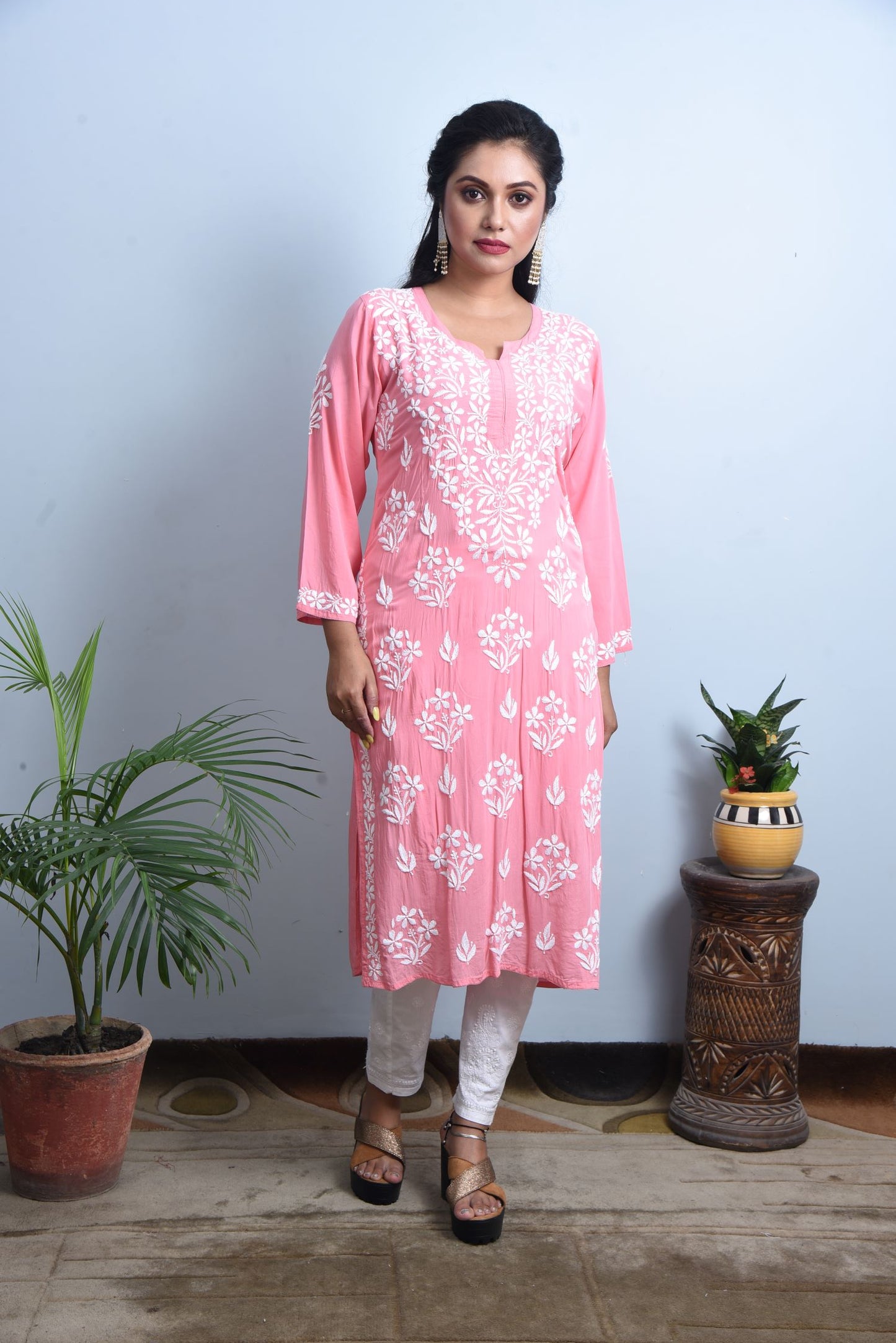 'WAW Basics' Candy Pink Modal Cotton Chikankari Kurti