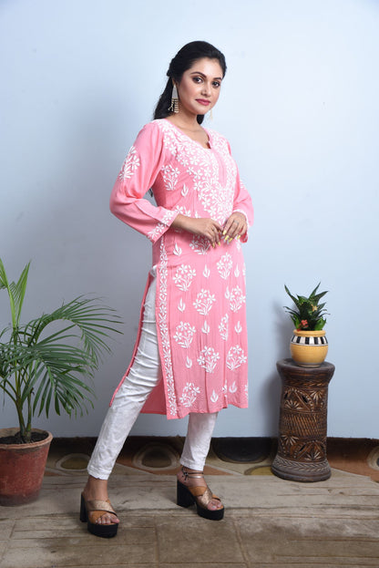 'WAW Basics' Candy Pink Modal Cotton Chikankari Kurti
