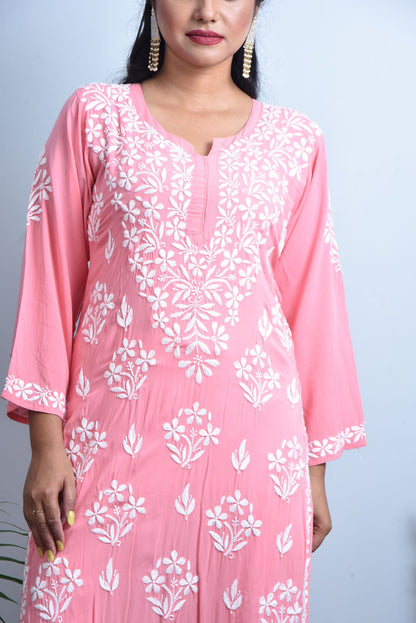 'WAW Basics' Candy Pink Modal Cotton Chikankari Kurti
