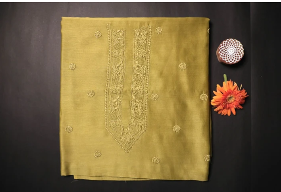 Umang - Set of 2 Chanderi Chikankari Kurta Material - Blue and Olive