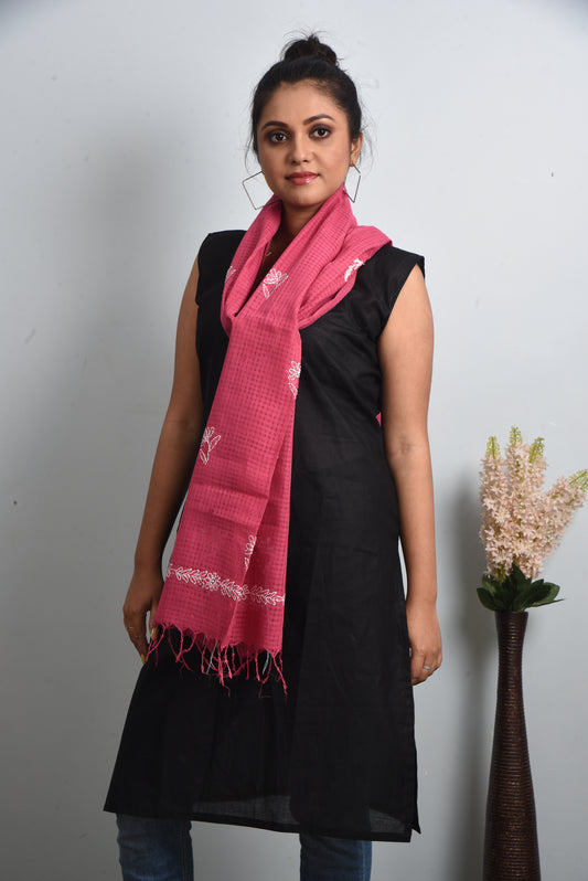 Magenta Pink Handloom Cotton Chikankari embroidered Stole