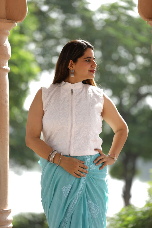 White Kota Doria Cotton Chikankari Jacket