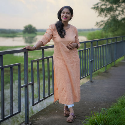 'Sunset Orange' Designer Mul Cotton Chikankari Long Kurti