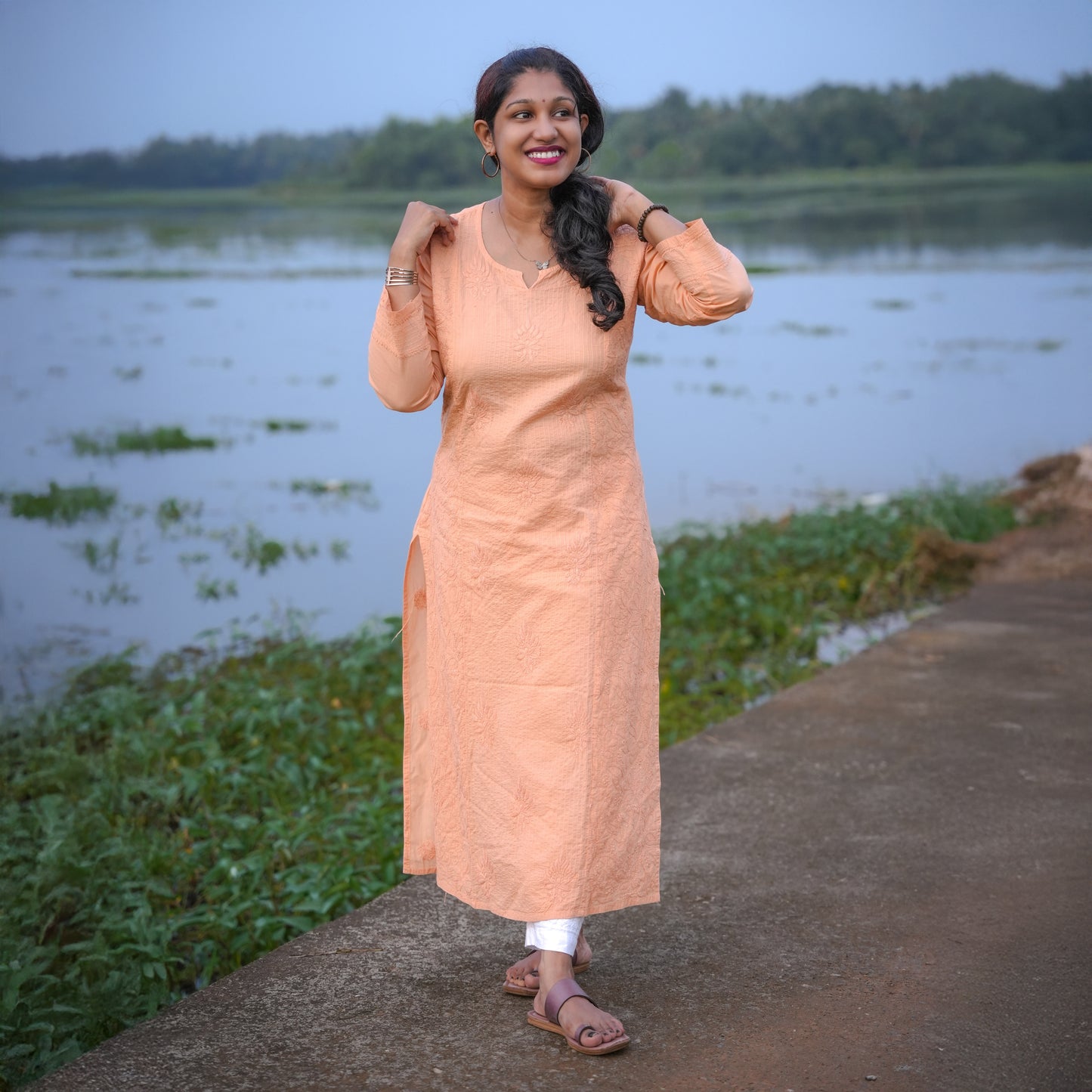 'Sunset Orange' Designer Mul Cotton Chikankari Long Kurti