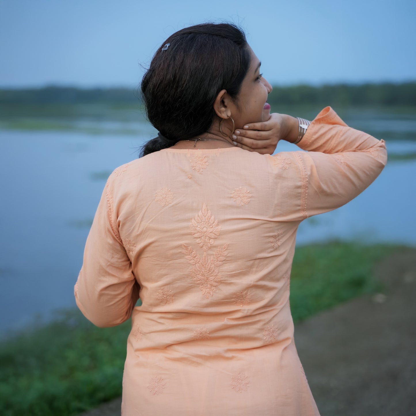 'Sunset Orange' Designer Mul Cotton Chikankari Long Kurti