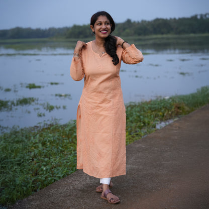 'Sunset Orange' Designer Mul Cotton Chikankari Long Kurti