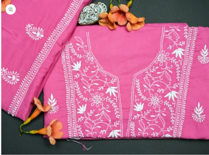 'Vishwas' - Set of 2 Cotton Unstitched Chikankari Kurta - Pink and Green