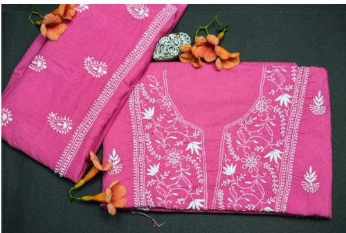 'Vishwas' - Set of 2 Cotton Unstitched Chikankari Kurta - Pink and Green