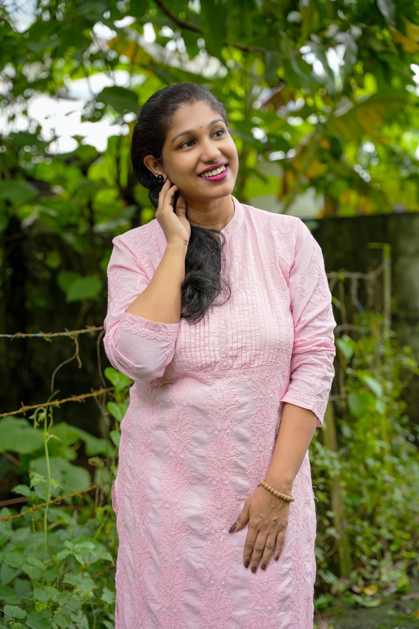 'Rose Pink' Pastel Pleated Band Neck Mul Cotton Chikankari Kurti