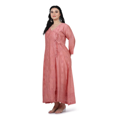 Coral Chanderi Chikankari Angrakha Occassionwear Dress