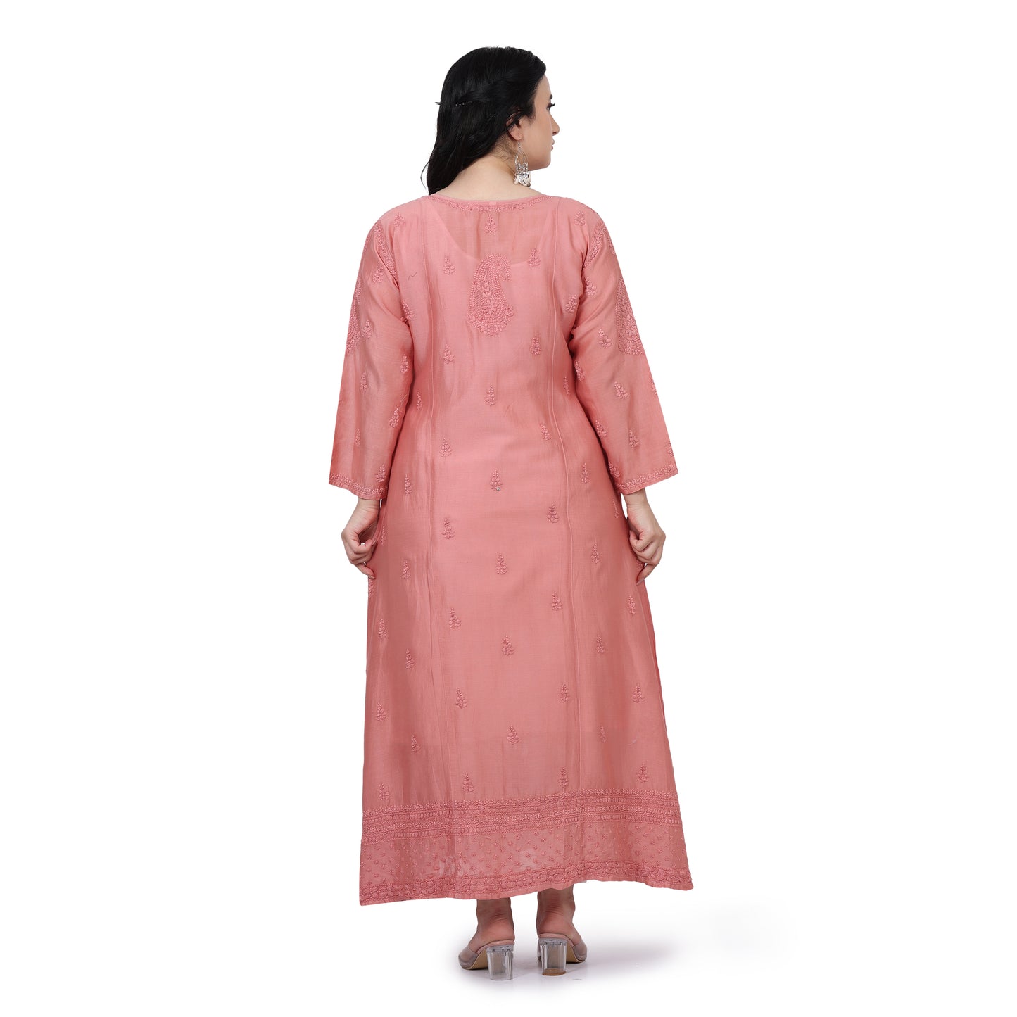 Coral Chanderi Chikankari Angrakha Occassionwear Dress