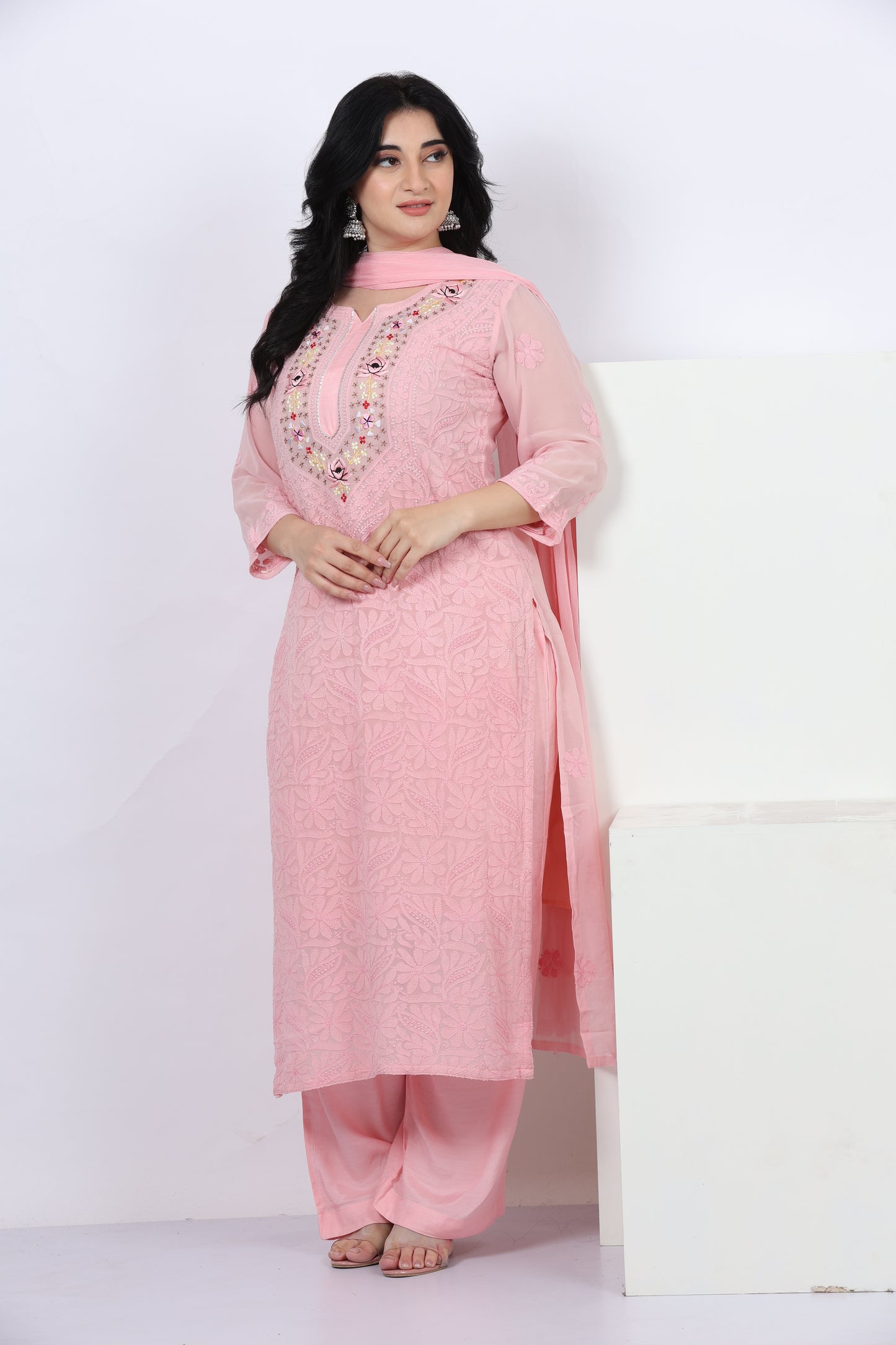 Pastel Pink Parsi neck Designer Pure Georgette Chikankari Suit Set