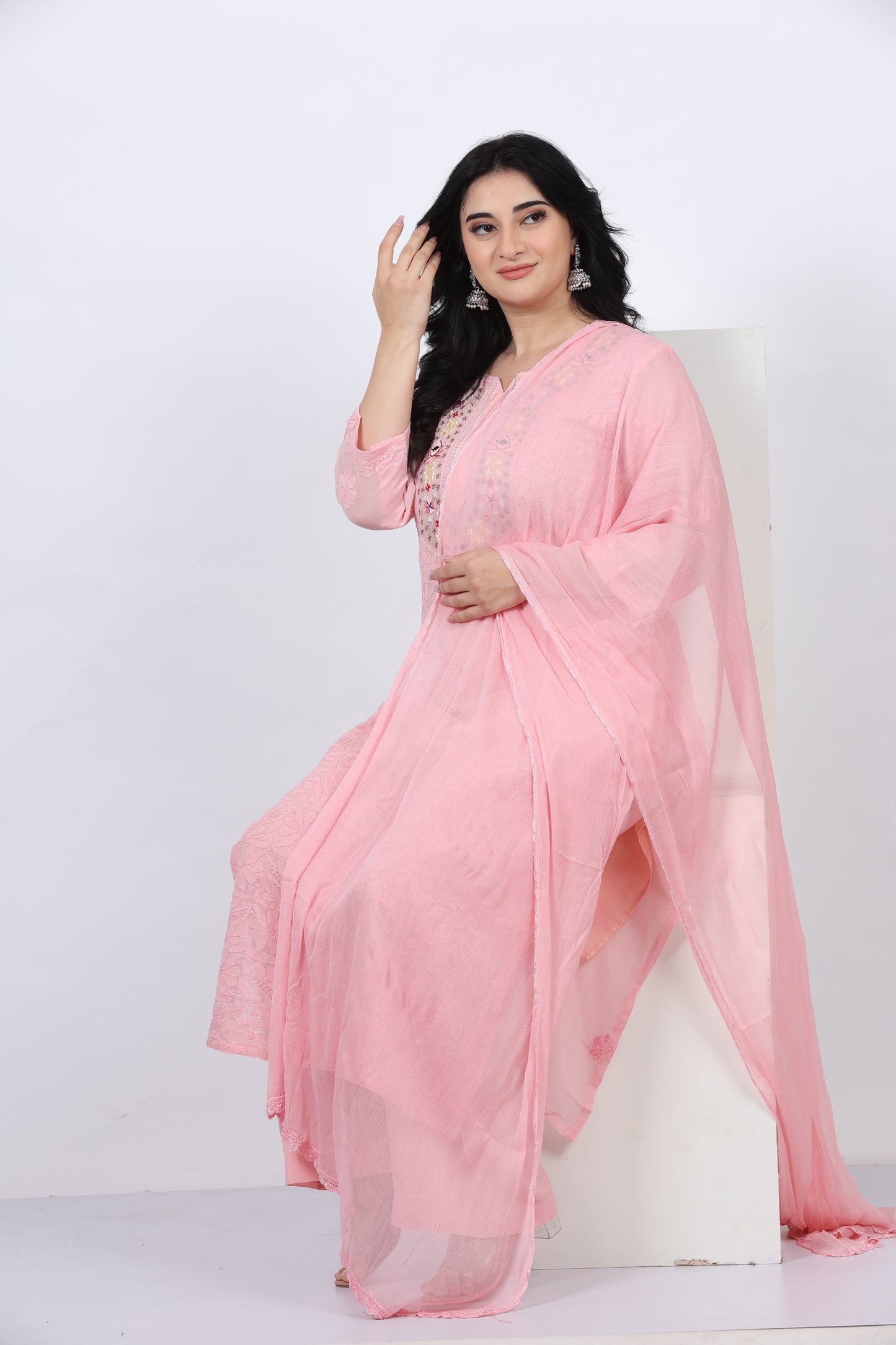 Pastel Pink Parsi neck Designer Pure Georgette Chikankari Suit Set