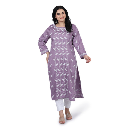 Dark Lavender Chikankari White embroidered Glaze Cotton Kurti