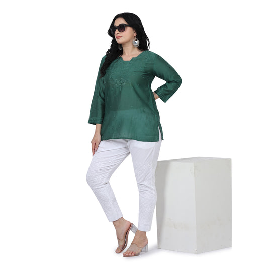 Dark Green Suave Chanderi Chikankari Short Kurti