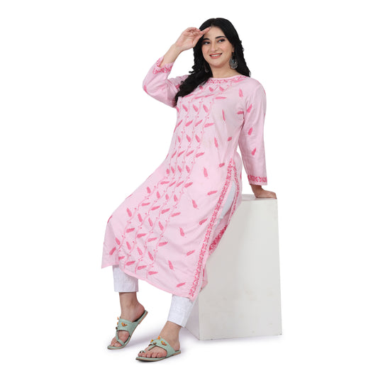 Pink Chikankari White embroidered Glaze Cotton Kurti