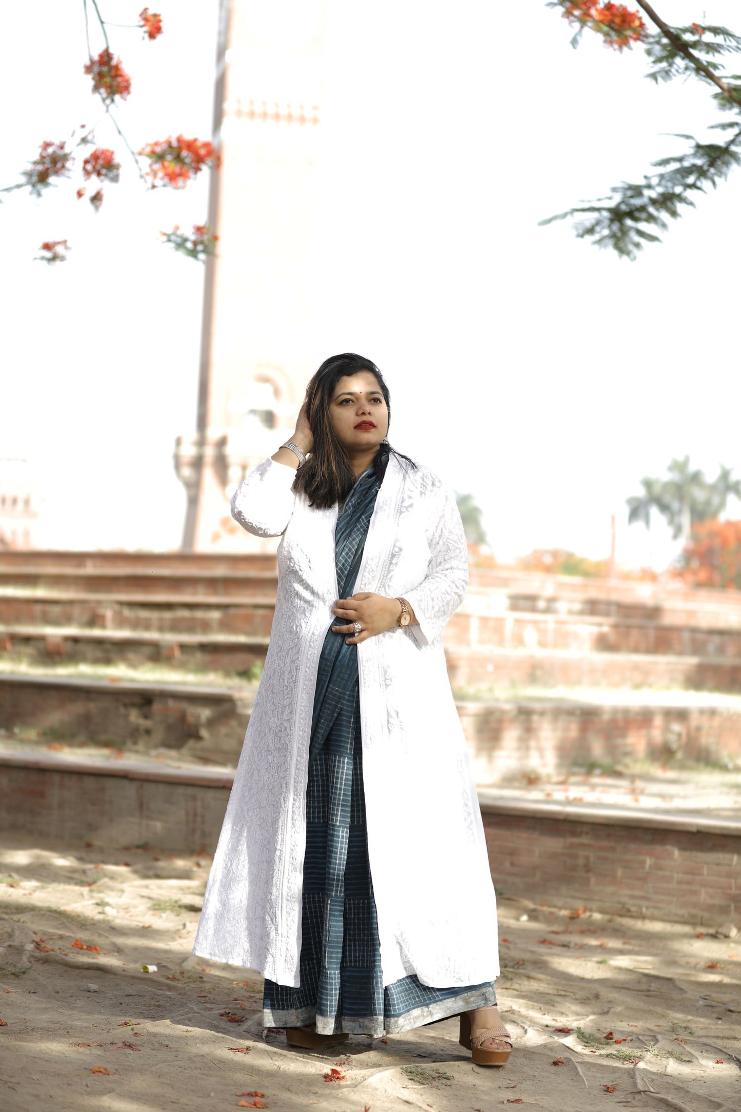 White Stylish Pure Georgette Long Chikankari Shrug