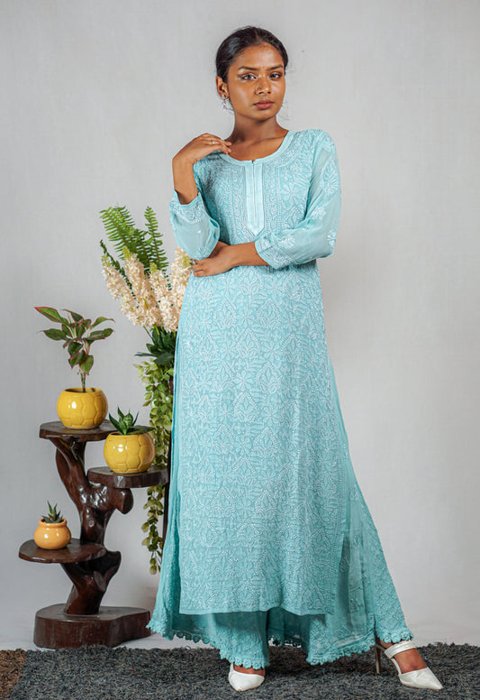 Light Teal Pure Georgette Resham embroidered Chikankari Kurti - Palazzo Set