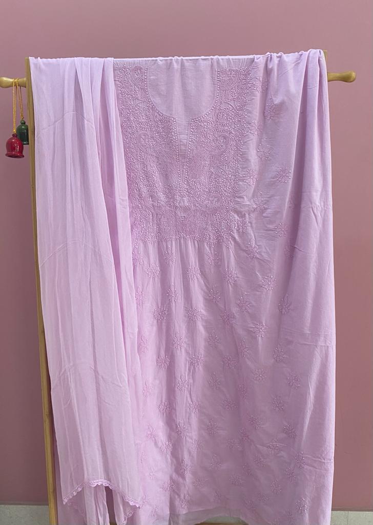 Trending Lilac Mul Cotton Unstitched Chikankari Suit set