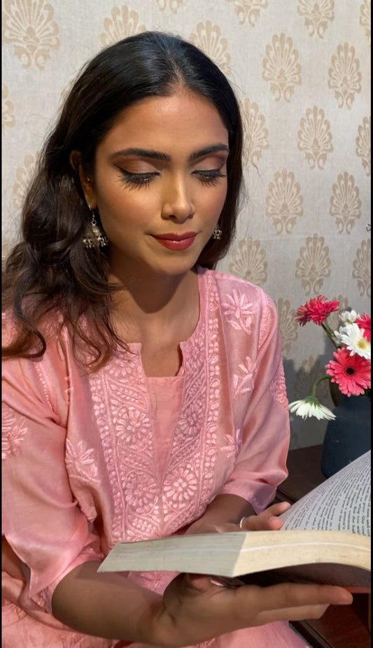 Pink Chanderi Chikankari Medium Length Kurti