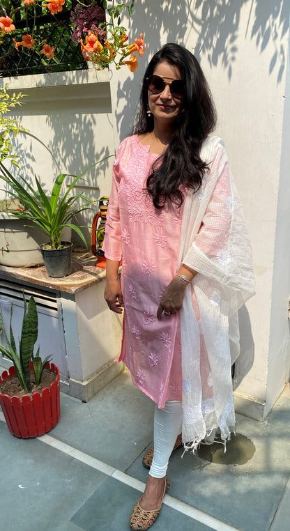 Pink Chanderi Chikankari Medium Length Kurti