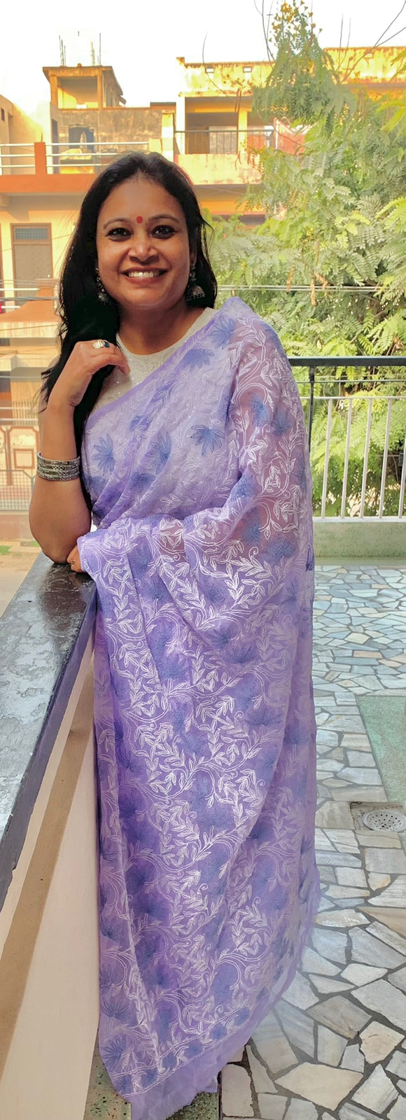 'Lavender Bloom' Lavender Georgette Chikankari Saree