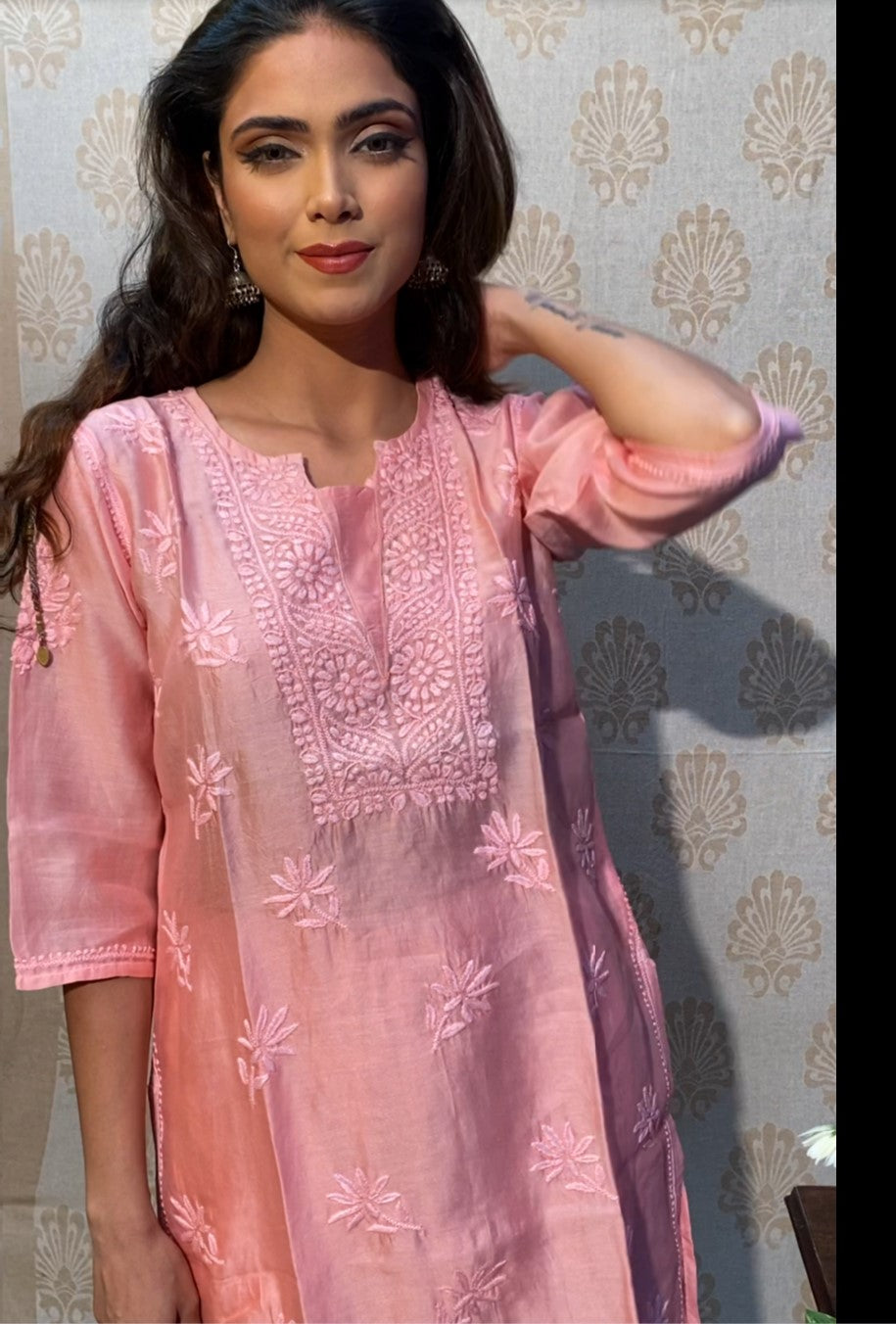 Pink Chanderi Chikankari Medium Length Kurti