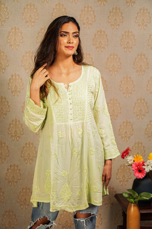 Muslin Green Chikankari Short Kurti