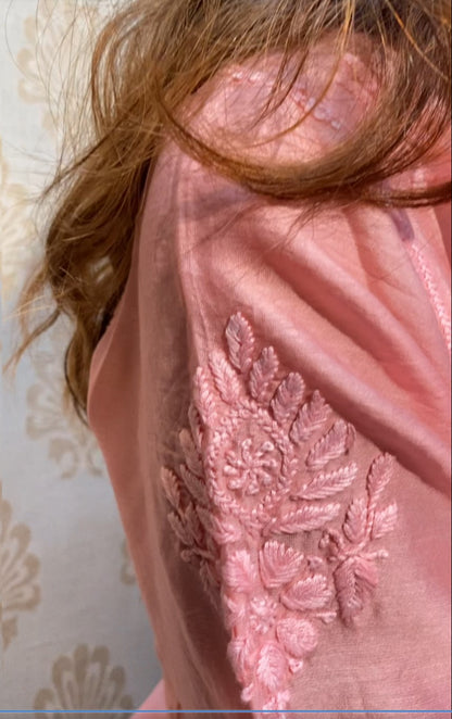 Pink Chanderi Chikankari Medium Length Kurti