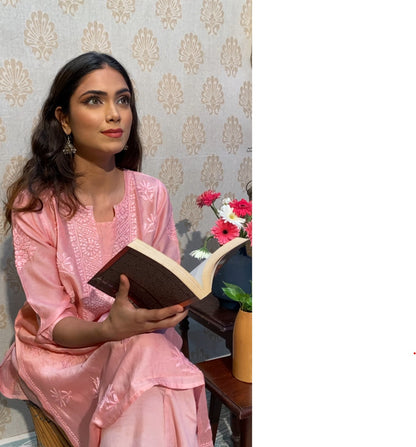 Pink Chanderi Chikankari Medium Length Kurti