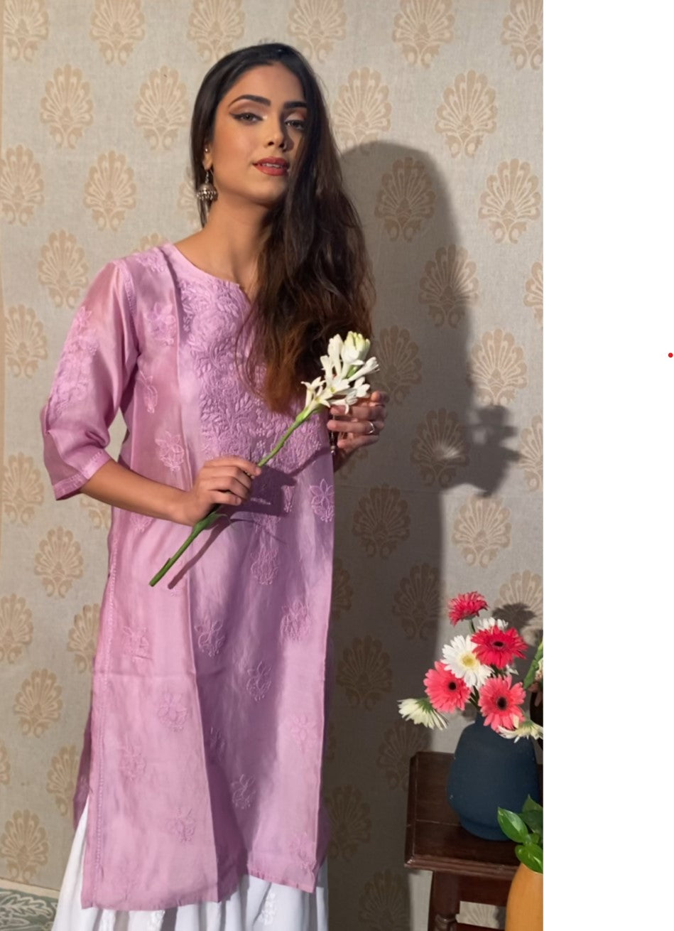 Lilac Rose pattern Chikankari embroidered Chanderi Kurti