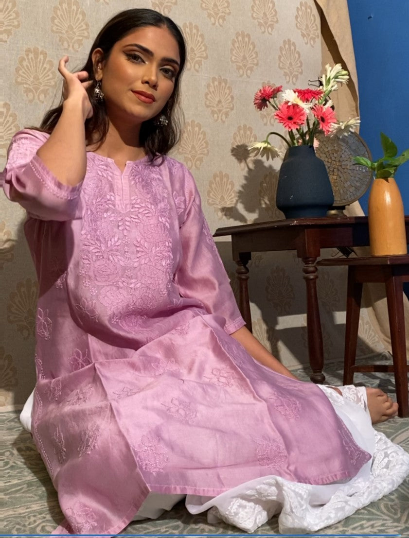 Lilac Rose pattern Chikankari embroidered Chanderi Kurti